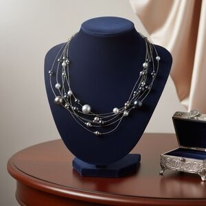 Chic Multi-Strand Blue and Silver Necklace